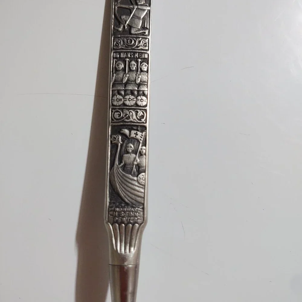 H S Tinn Pewter Handle Cheese Slicer Viking Ship Stave Church Heilag Olav Hans